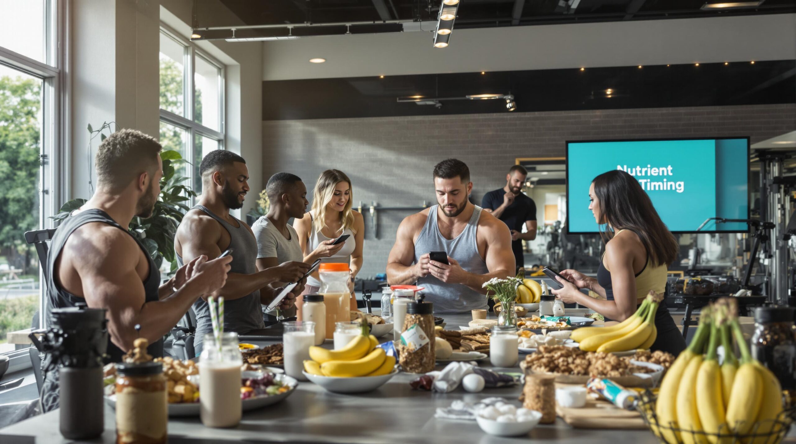 Group of athletes with post-workout meals and nutrition app in bright gym
