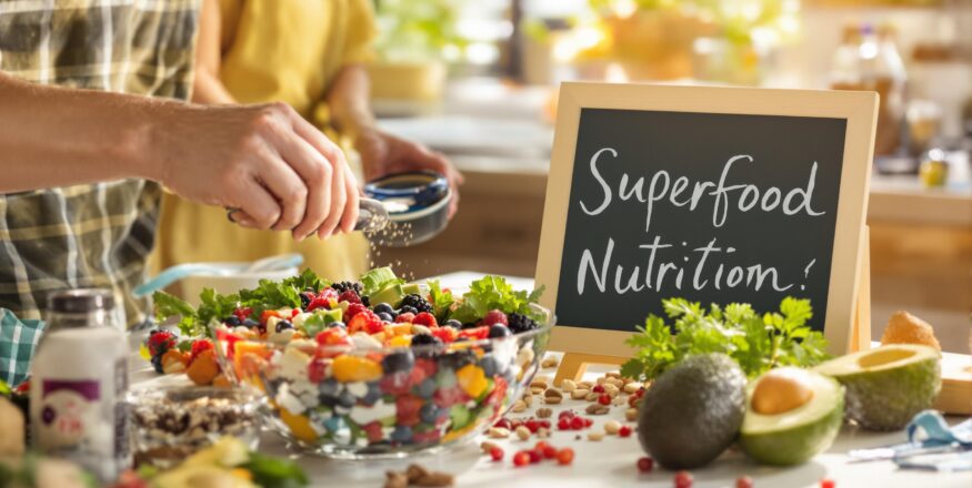 People preparing superfoods in a kitchen with 'Superfood Nutrition' handwritten on a chalkboard