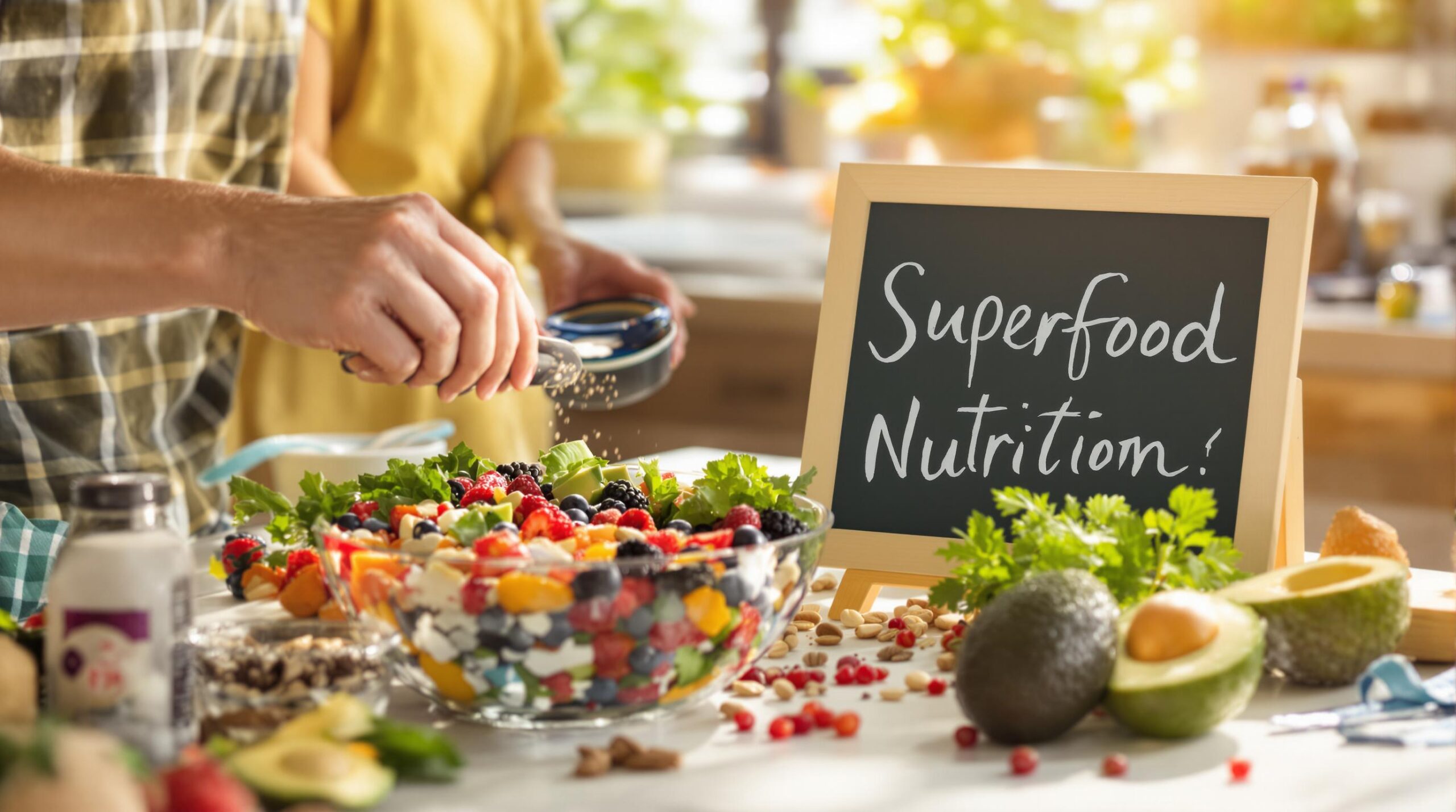 People preparing superfoods in a kitchen with 'Superfood Nutrition' handwritten on a chalkboard