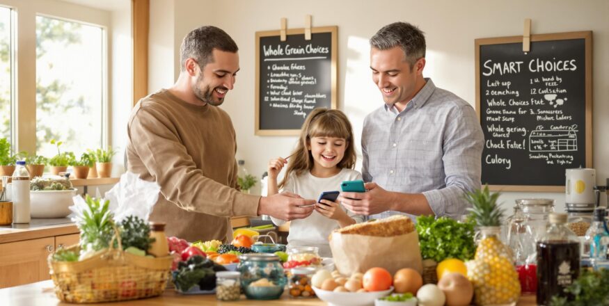 Family in kitchen unpacking groceries and smart shopping for healthy meals