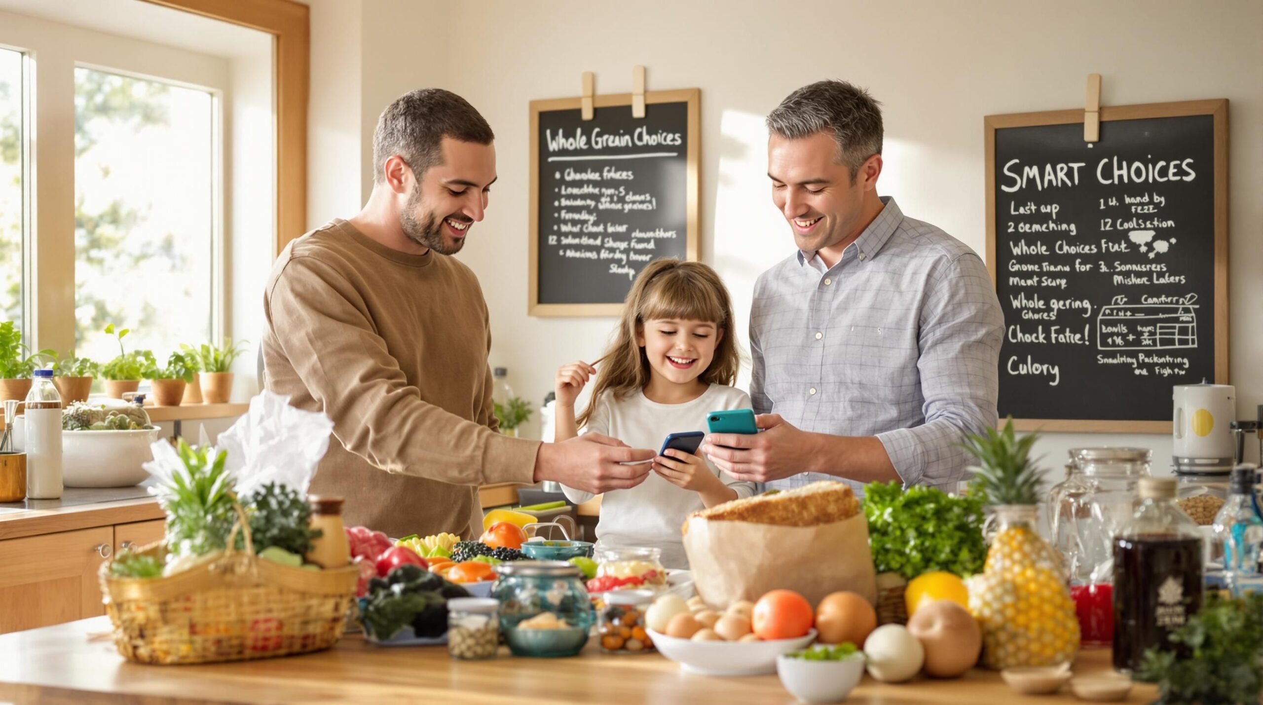 Family in kitchen unpacking groceries and smart shopping for healthy meals