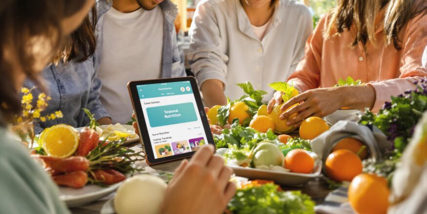 People using nutrition apps and selecting fresh seasonal foods together