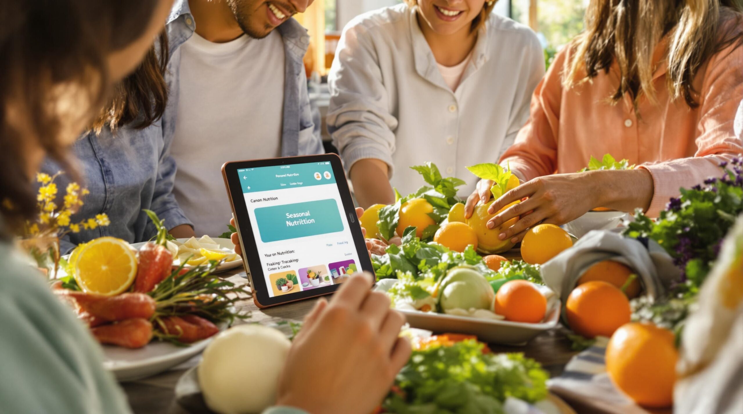 People using nutrition apps and selecting fresh seasonal foods together