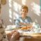 Young adult enjoying a healthy breakfast for mental focus in a sunlit kitchen.