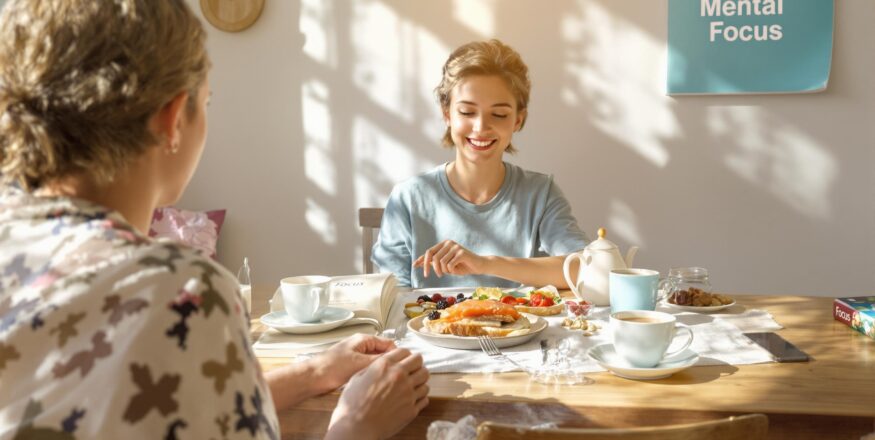 Young adult enjoying a healthy breakfast for mental focus in a sunlit kitchen.