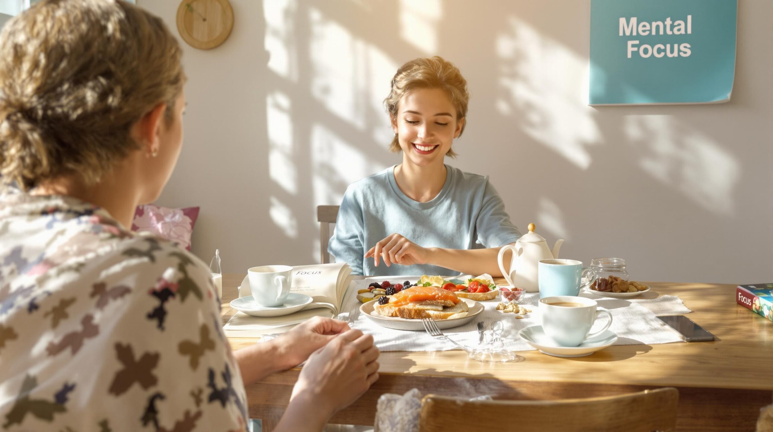 Young adult enjoying a healthy breakfast for mental focus in a sunlit kitchen.