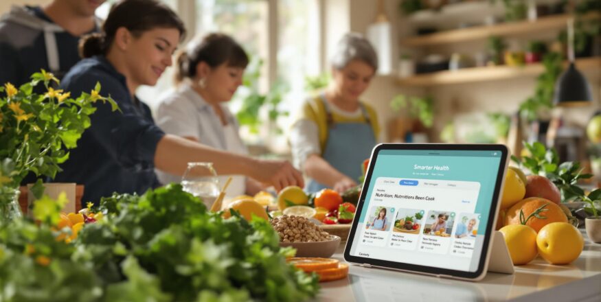 People preparing healthy food together in a kitchen with nutrition app on tablet