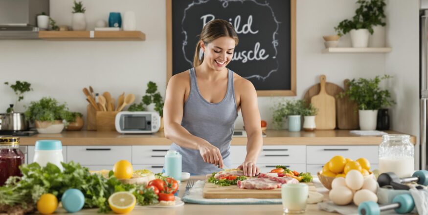 Person preparing protein-rich meal with 'Build Muscle' on chalkboard