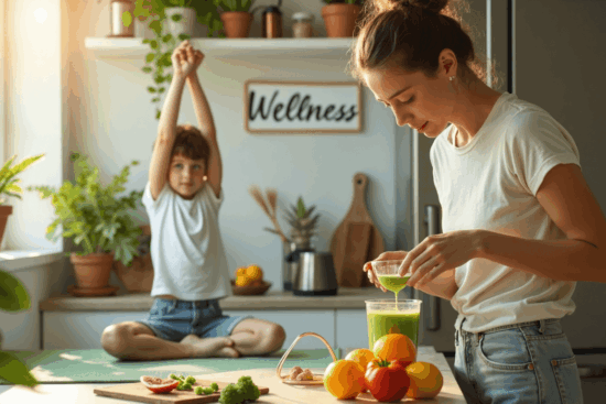 Person making smoothie, child doing yoga in bright kitchen