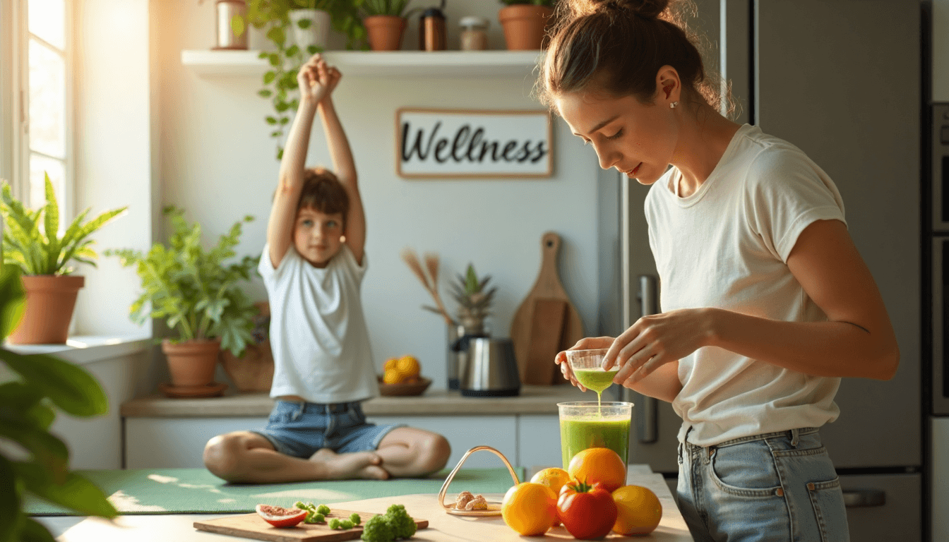 Person making smoothie, child doing yoga in bright kitchen